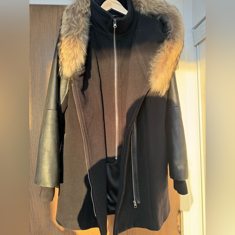 Size Large Black warm winter coat with fur hood double layer SICILY, brown fur L - Picture 9 of 16